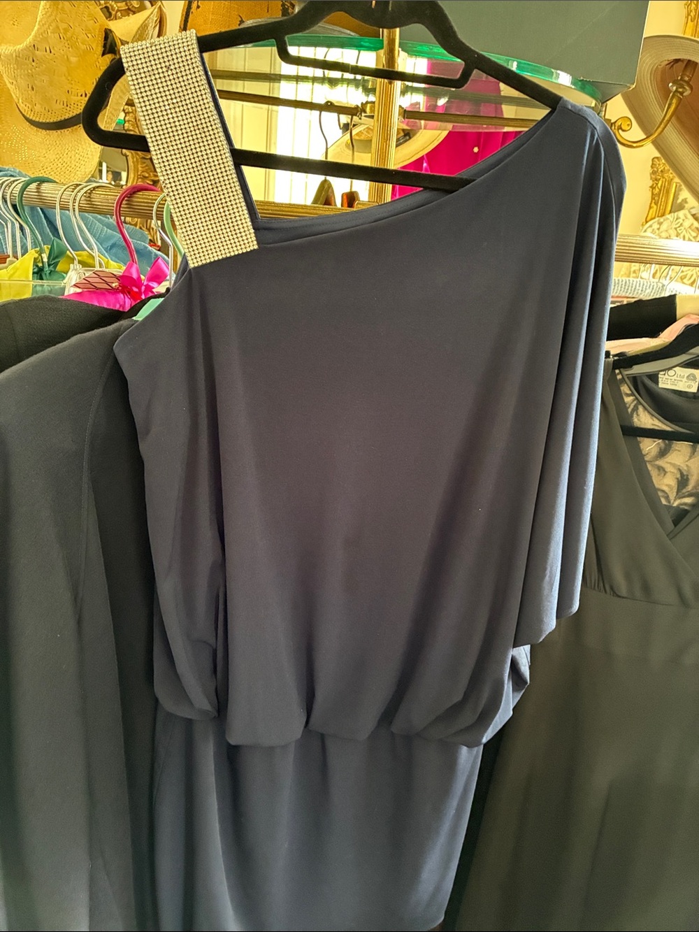 One-Shoulder Navy Blue Evening Dress with Embellished Strap